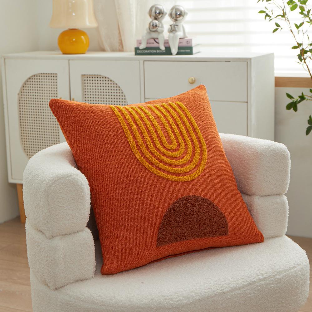 Abstract Simple Embroidery Cushion Cover 45X45Cm Chenille Pillow Cover Geometric Rising Sun Tufted Pillowcase For Sofa Couch Bed