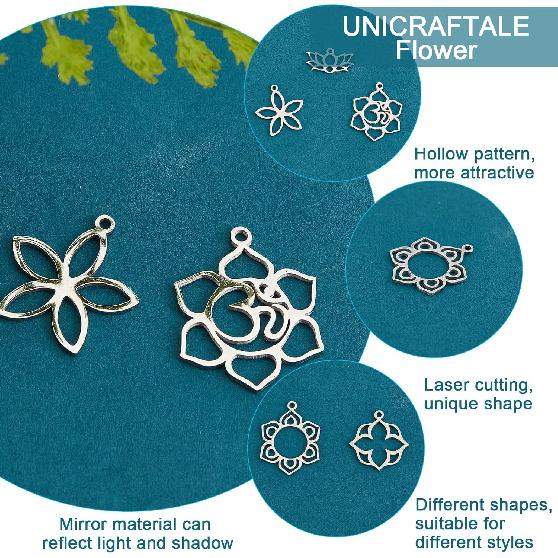 UNICRAFTALE 20pcs 5 Styles Flower Hollow Charm Open Back Bezel Pendants Stainless Steel Frame Charms Dangle Charms Yoga OM Lotus for Resin Pressed