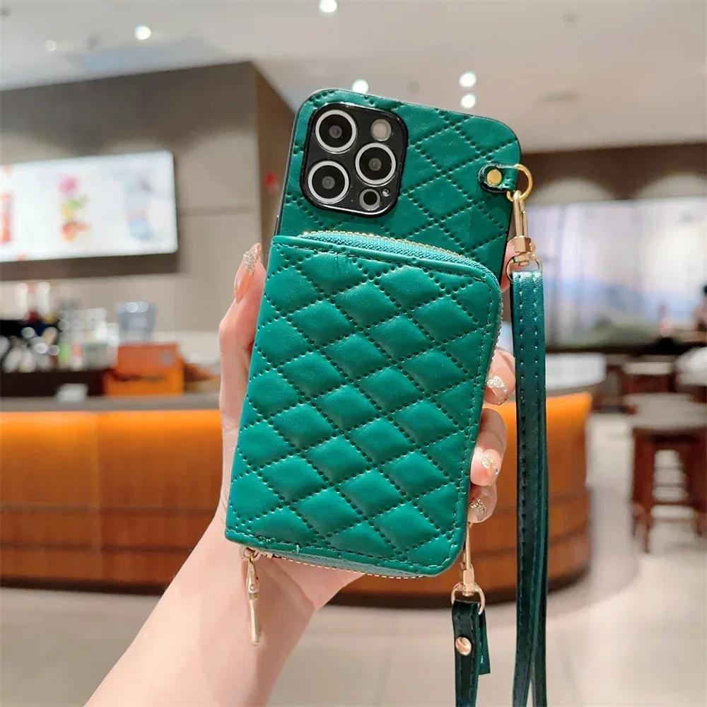 Peněženka na zip Crossbody Pouzdro na telefon pro IPhone 16 15 14 13 12 11 Pro XS Max X XR 7 8 Plus Držák na karty Šňůrka Kožený kryt