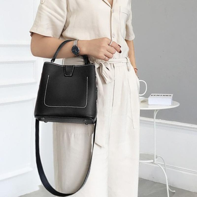 Fashi Bucket Bag, Simple Handbag, Leather Hundred Shoulder Crossbody Bag, Head Layer Cowhide Women's Bag
