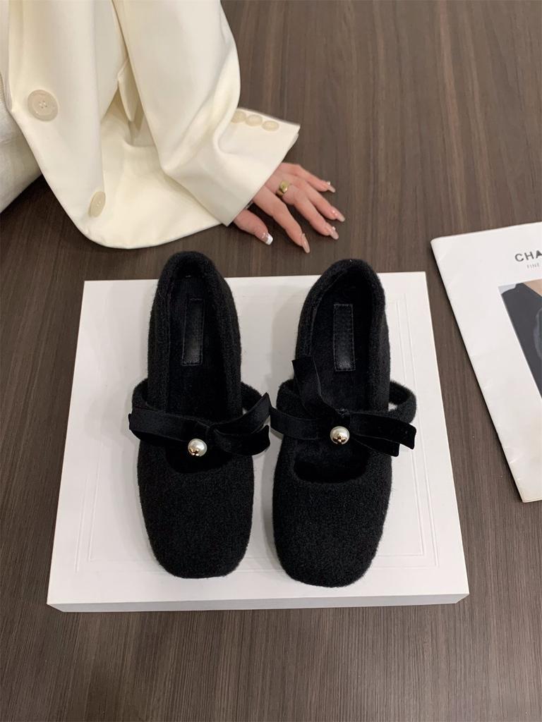 Inner Height Increase Pink Mary Jane Fluffy Shoes Women's Shoes 2024 Autumn and Winter Warm Cotton Shoes Bow Pearl Single Shoes
