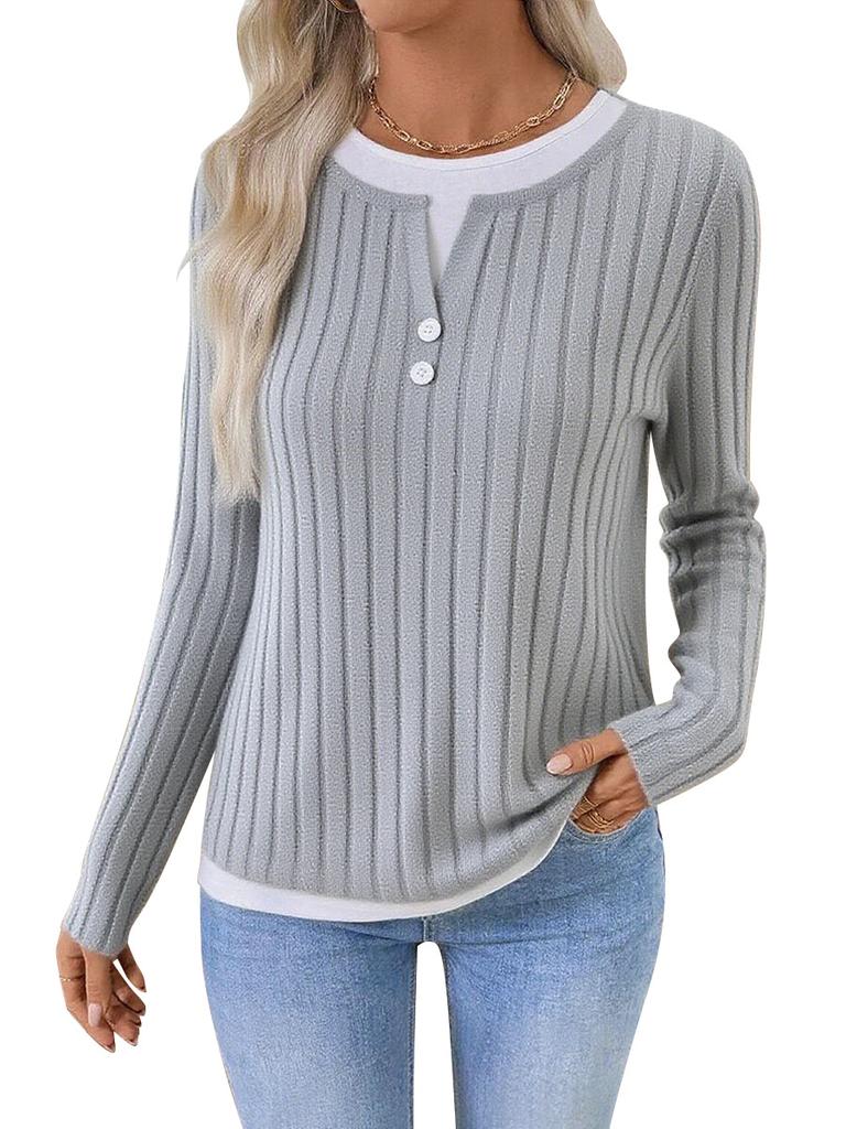 Autumn and Winter New Women's Fake Two-piece Crew Neck Button Pullover Polished Long-sleeved T-shirt