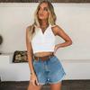 Sexy Knopf Tief V-Ausschnitt Ärmellos Sommer Weißes Crop Top Rückenfrei Damen Neckholder Tanktop Club Streetwear Lässige Oberteile