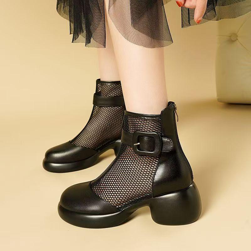 Women's Block Heel Mesh Ankle Cool Boots Spring Summers New Thick Sole Non Slip Breathable High Top Round Toe Zippers Sandals
