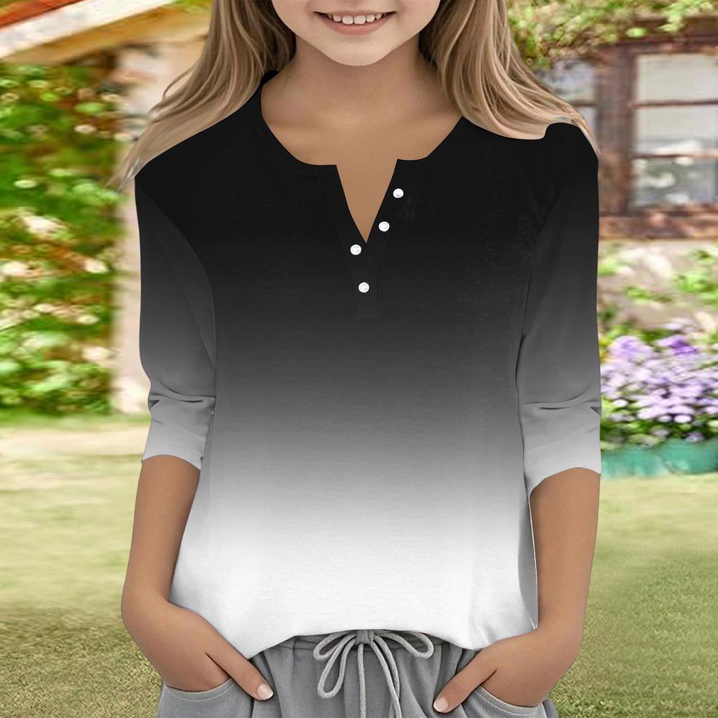 Print Tops For Youth Girls V Neck Button 3/4 Sleeves T-Shirts Trendy Tops Outfit Tees