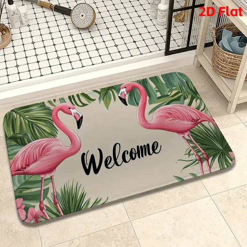 VIKAMA Pink Flamingo Welcome Doormat Tropical Palm Leaf Non Slip Entrance Floor Mat for Entryway Patio Bathroom Rug