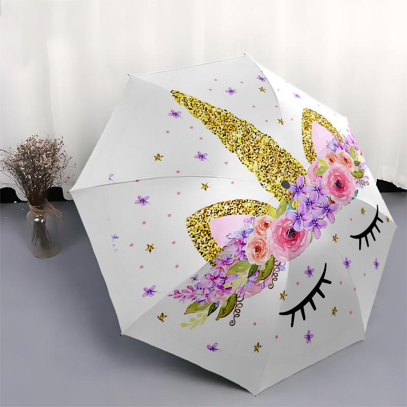 Einhorn, Floral Automatischer Faltregenschirm Einfaches 8-Rippen-Design, Helles Cartoon-Muster, Langlebiger Eisenrahmen, Geeignet für Reisen, Outdoor, Be