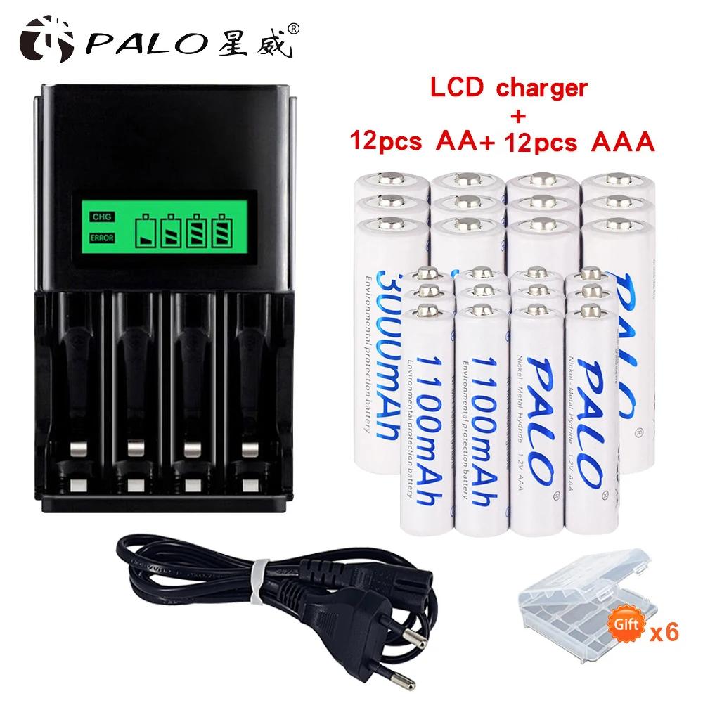 PALO 1.2V Nimh Rechargeable AAA Batteries AAA+AA Rechargeable Battery AA Batteria 3000mah+1.2V AA AAA Battery Smart Charger LCD