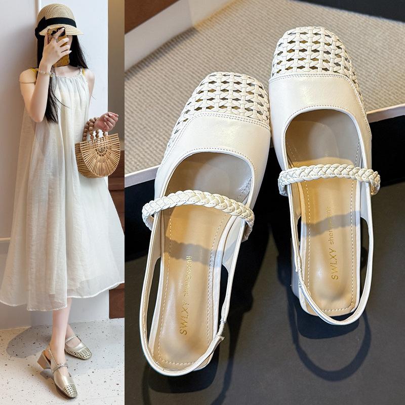 Genuine French retro square head Mary Jane sandals women's summer new hollow woven thick heel high heels with skirt