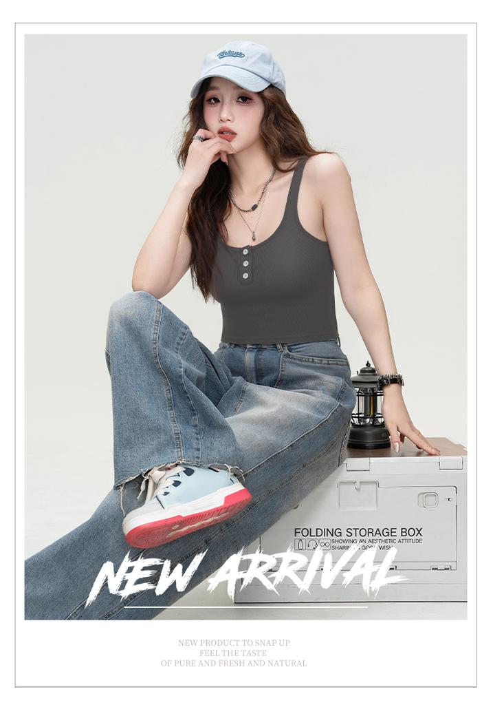 Summer solid color vest, camisole, button, slim fit, sexy interior, breathable casual pullover top