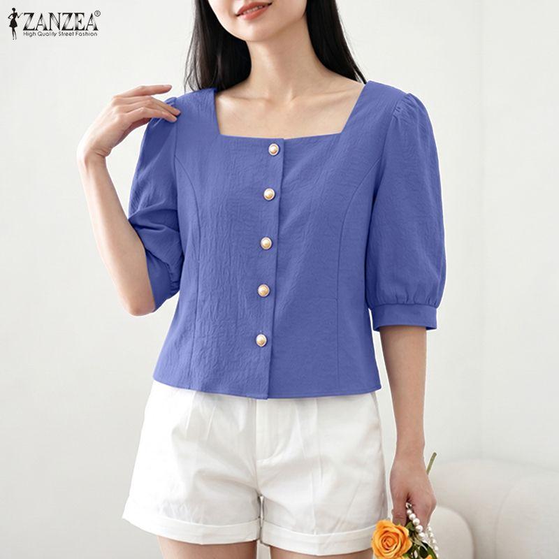 ZANZEA Damen Freizeit Quadratischer Kragen Locker Sommer Halbarm Bluse