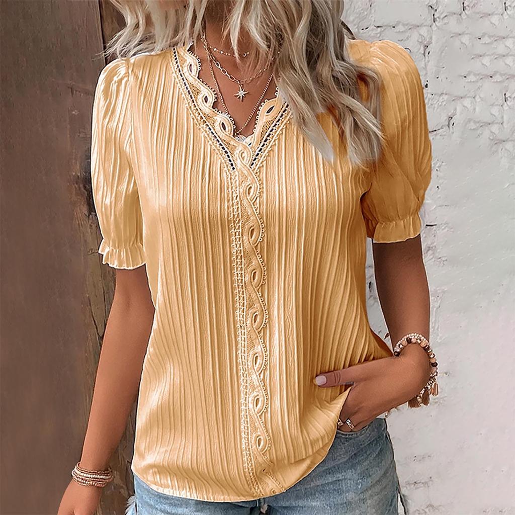Summer Women's V-neck Lace Print Irregular Ruffle Light Casual Street Style Solid Color T-shirt Tops