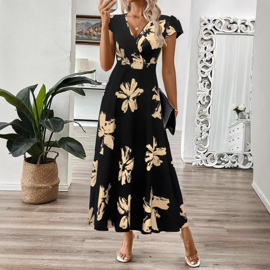 

Женское платье-свинг с V-образным вырезом, короткими рукавами и эластичной талией, с цветочным принтом S чёрный