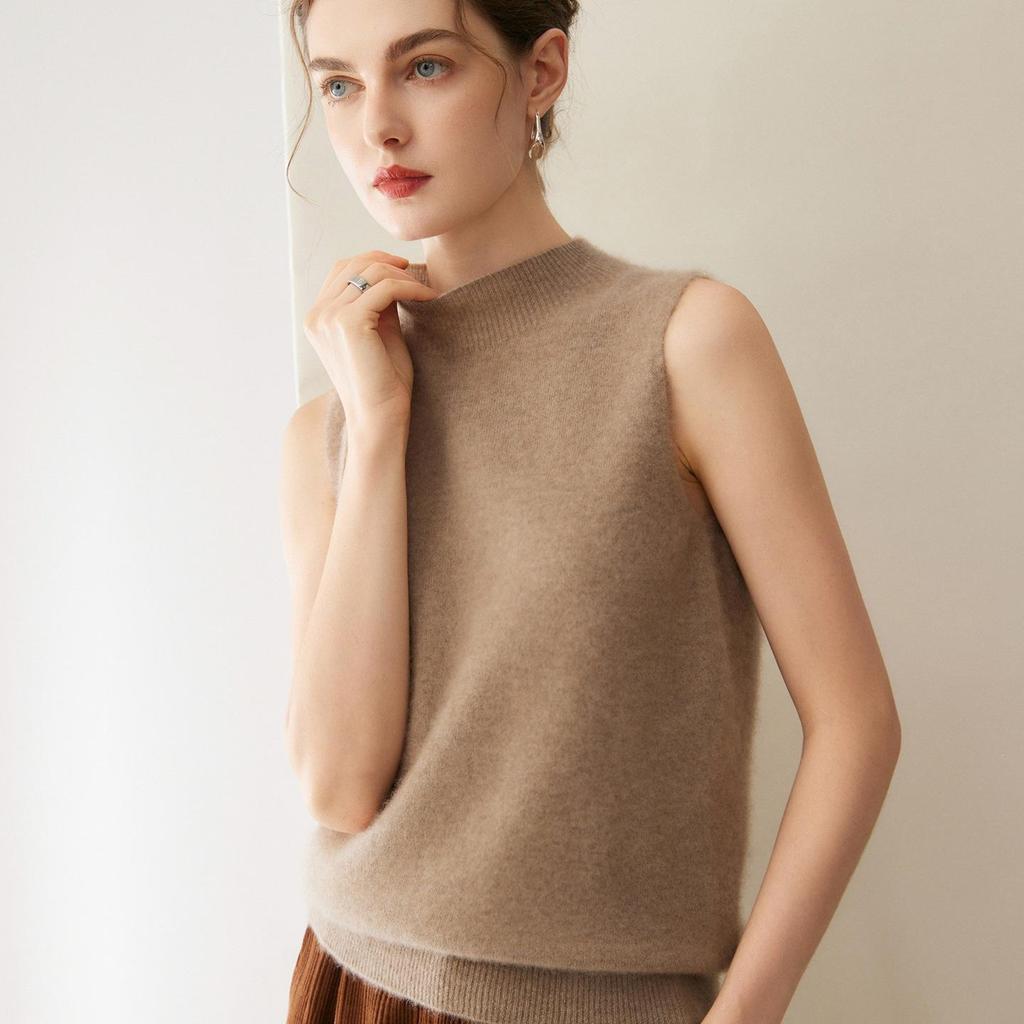 Women's Pure Cashmere Knitted Vest - Autumn/Winter Half High Neck Sleeveless Pullover Cardigan