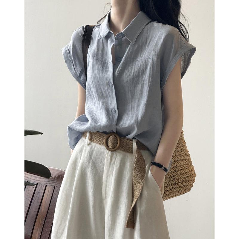 Women Solid Color Linen Blend Shirt Cap Sleeve Point Collar Loose Fit Casual Button Up Blouse