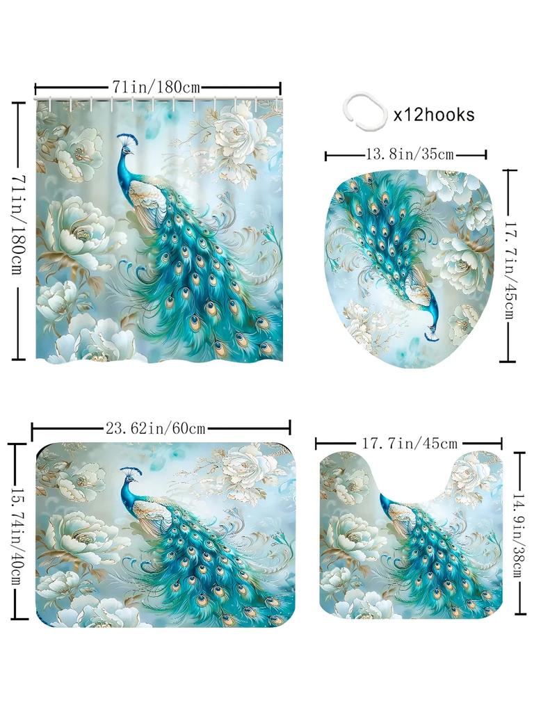 4pc Peacock pattern bath curtain set, 2D flat printing bathroom partition curtain, modern home curtain decoration