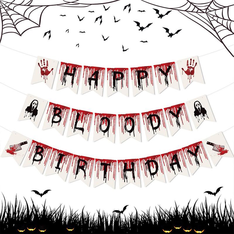 1 Set Happy Birthday Garland with Blood Home Hanging Decorations Party Supplies Halloween Birthday Banner Halloween