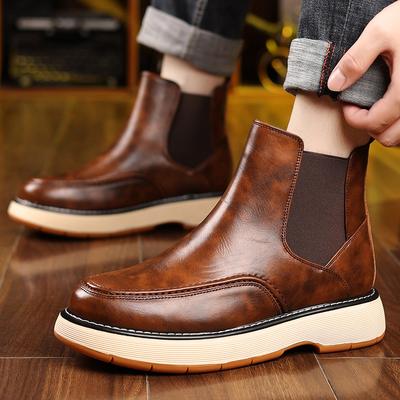 British Style Cow Genuine Leather Men's Chelsea Ankle Boots Slip-on Elastic Band High Top Sneakers Casual Dress Boot for Men