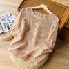 Südostasien Dünnes Edles Stickerei Damen Retro Baumwolle Leinen Kurzarm T-Shirt