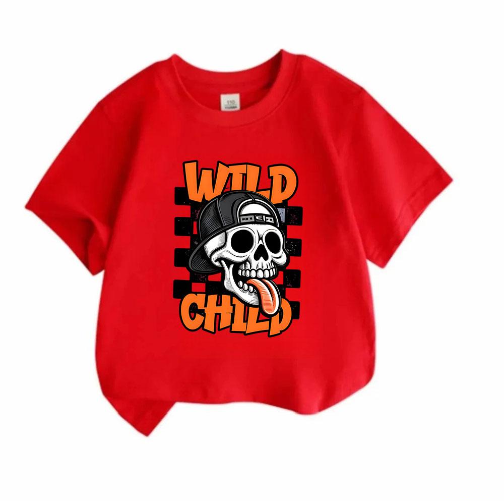 Kids Boys Girls 100% Cotton Crew Neck Short Sleeve T-Shirt, Cool Wild Child Skull Pattern Casual Breathable Tee, Fashion Streetwear Top for Daily Play