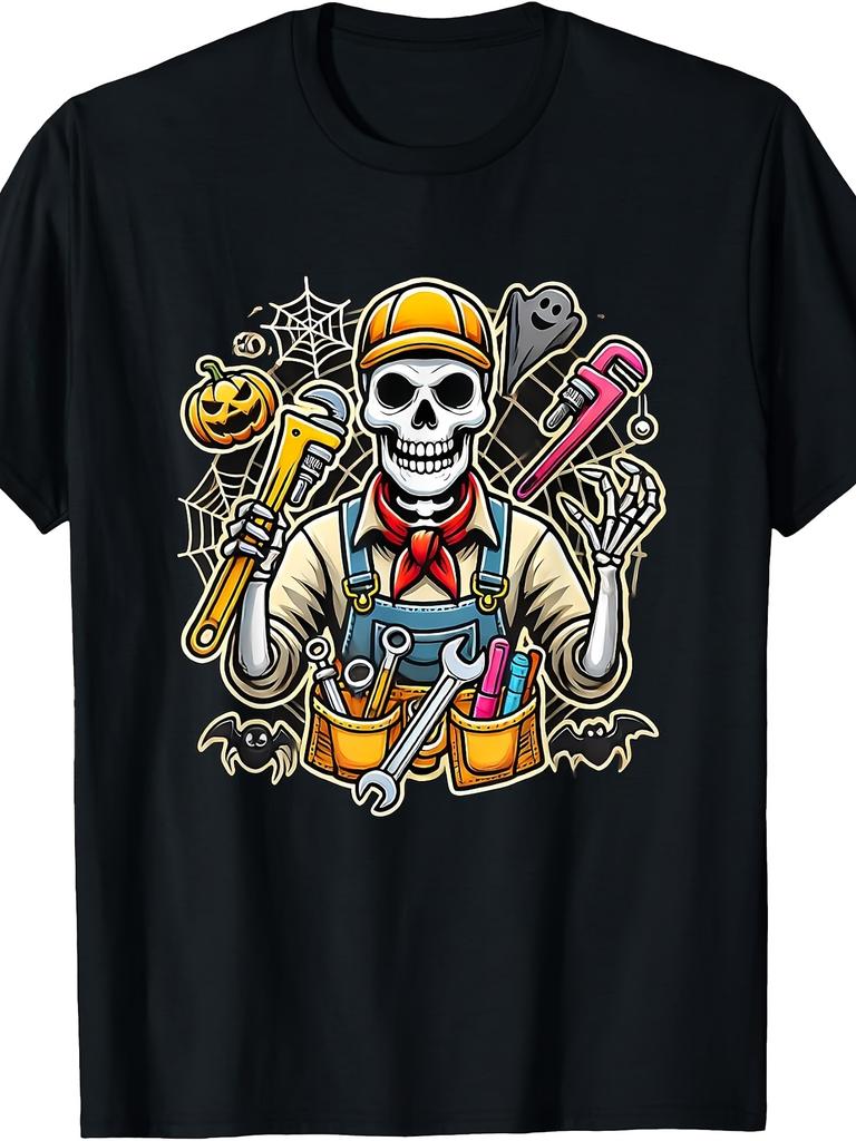 Funny Halloween Skeleton Plumber, Men's T-Shirt, Skull with Wrench And Tool Belt Design, Holiday Party Gift