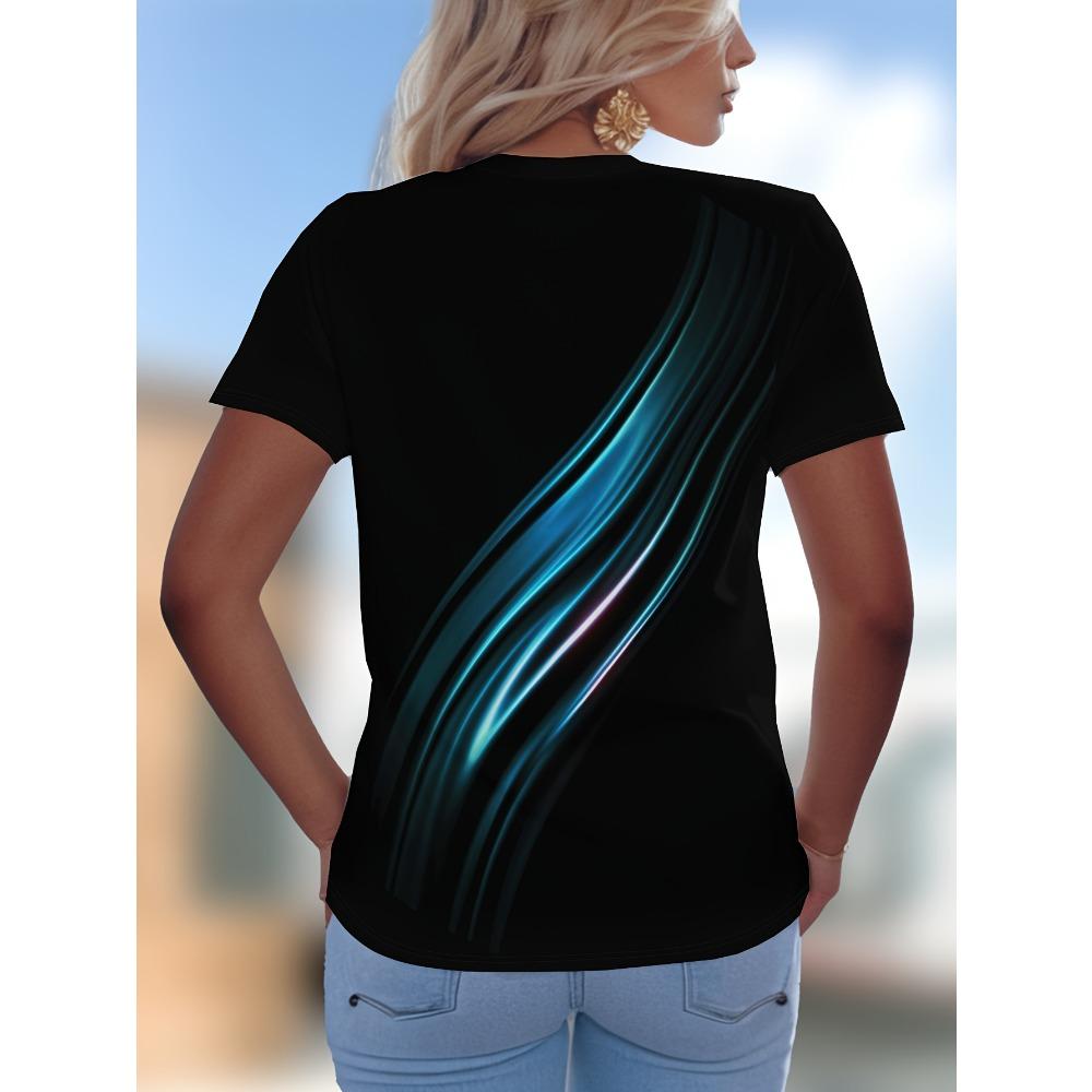 Fashion plus size women's T-shirt 3D printing, lines and curves, simple pattern V-neck short-sleeved top