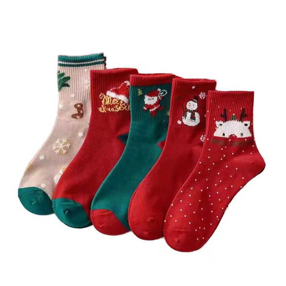 

5Pairs Christmas Socks Autumn Winter Cute Cartoon Santa Claus Mid-Calf Socks For Women Soft Breathable Warm Couple Socks L