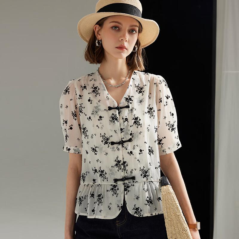 Neue chinesische Chiffon-Bluse mit kurzen Ärmeln