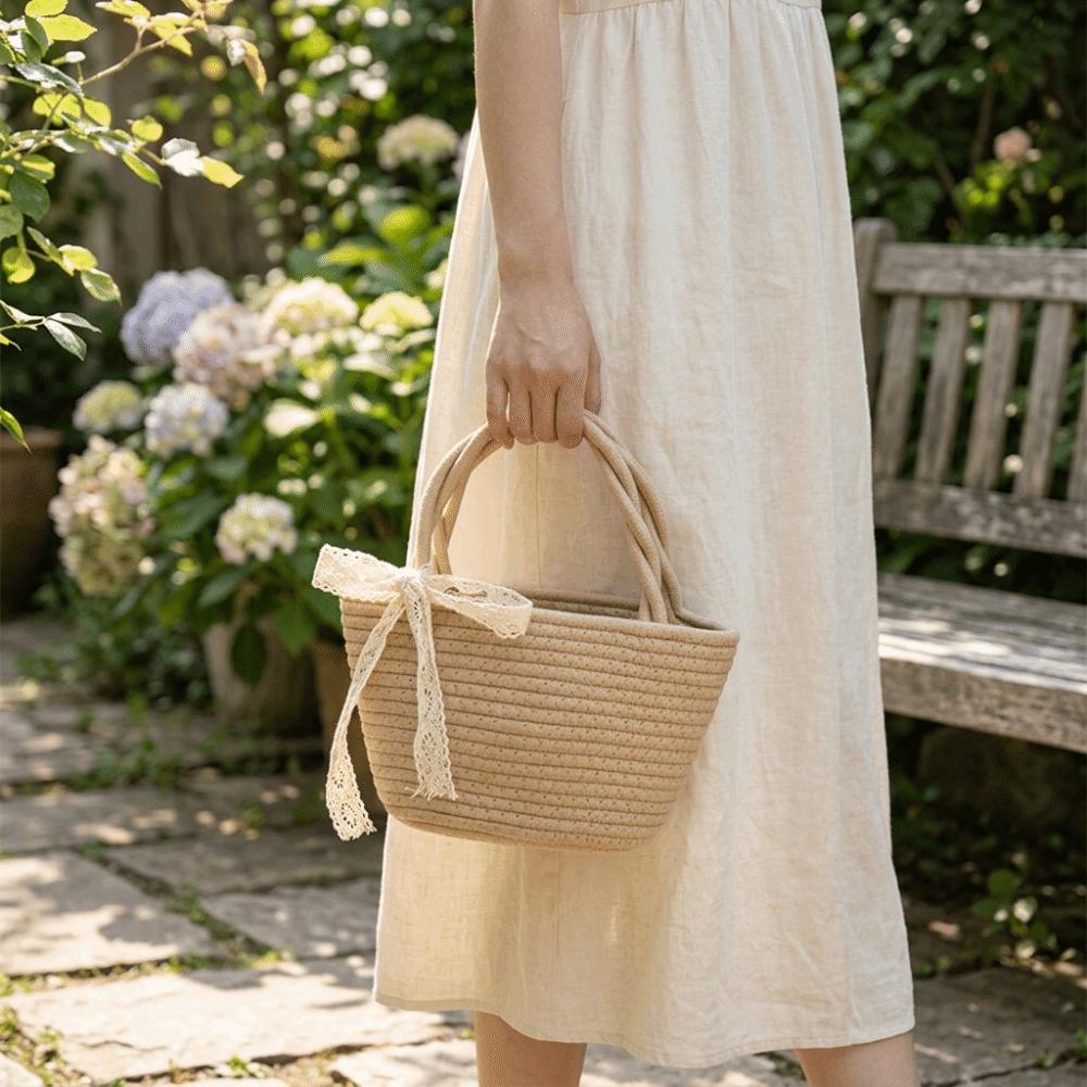 Cotton Thread Woven Cotton Rope Woven Bag Pure Color Lightweight Handbag Bucket Shape Boho Storage Basket Resort Wear