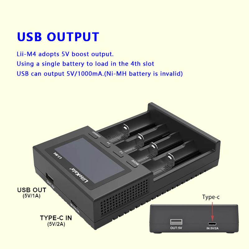 LiitoKala Lii-M4 18650 Charger LCD Display Universal Smart Charger Test Capacity 26650 18650 21700 AA AAA Battery 4slot 5V 2A