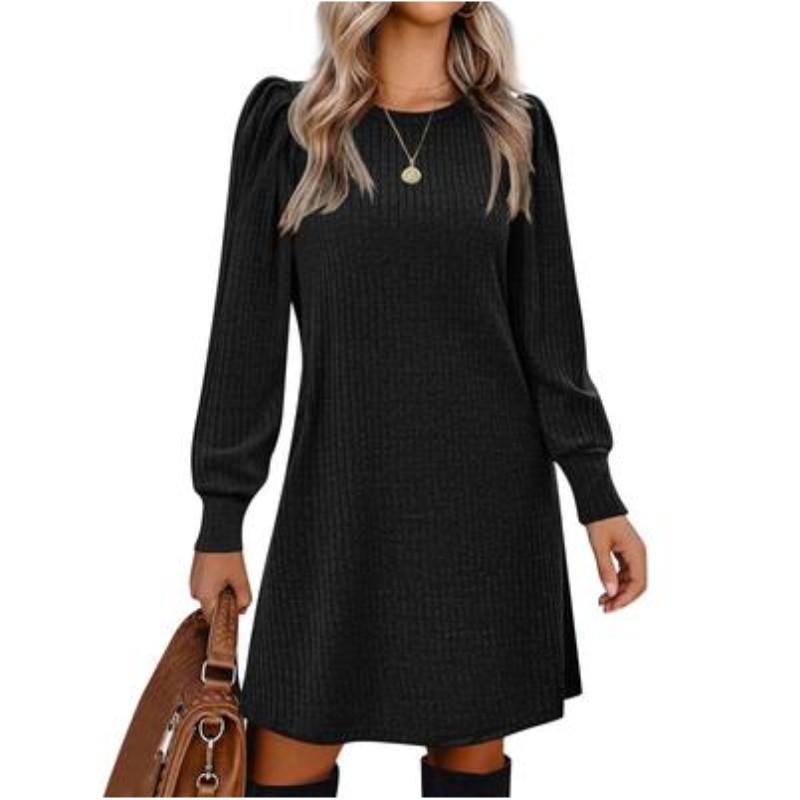 Damen Herbst und Winter Rundhals Lässiges Strick Langarmkleid Temperament Kordelzug Kleider