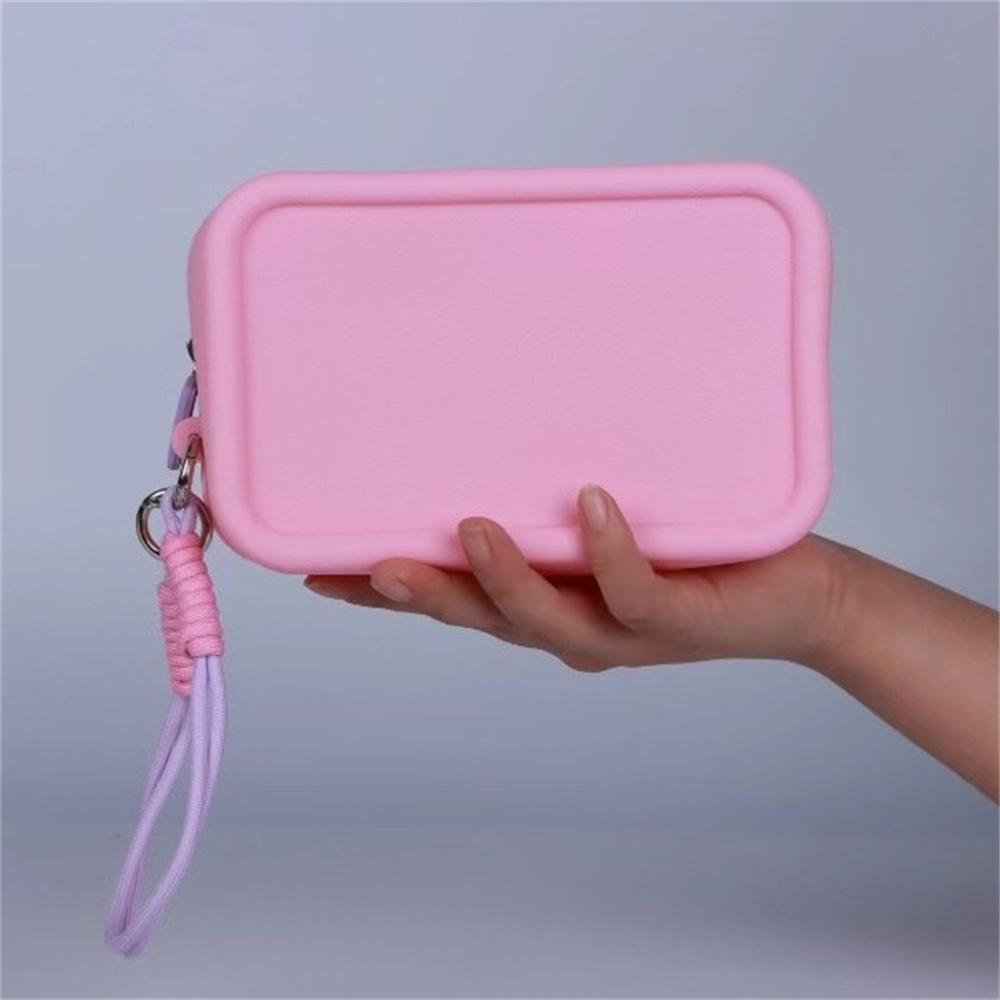 Candy Silicone Makeup Bag With Braided Wrist Rope Portable Lanyard Cosmetic Bags Waterproof Zipper Toiletries Lipstick Bag