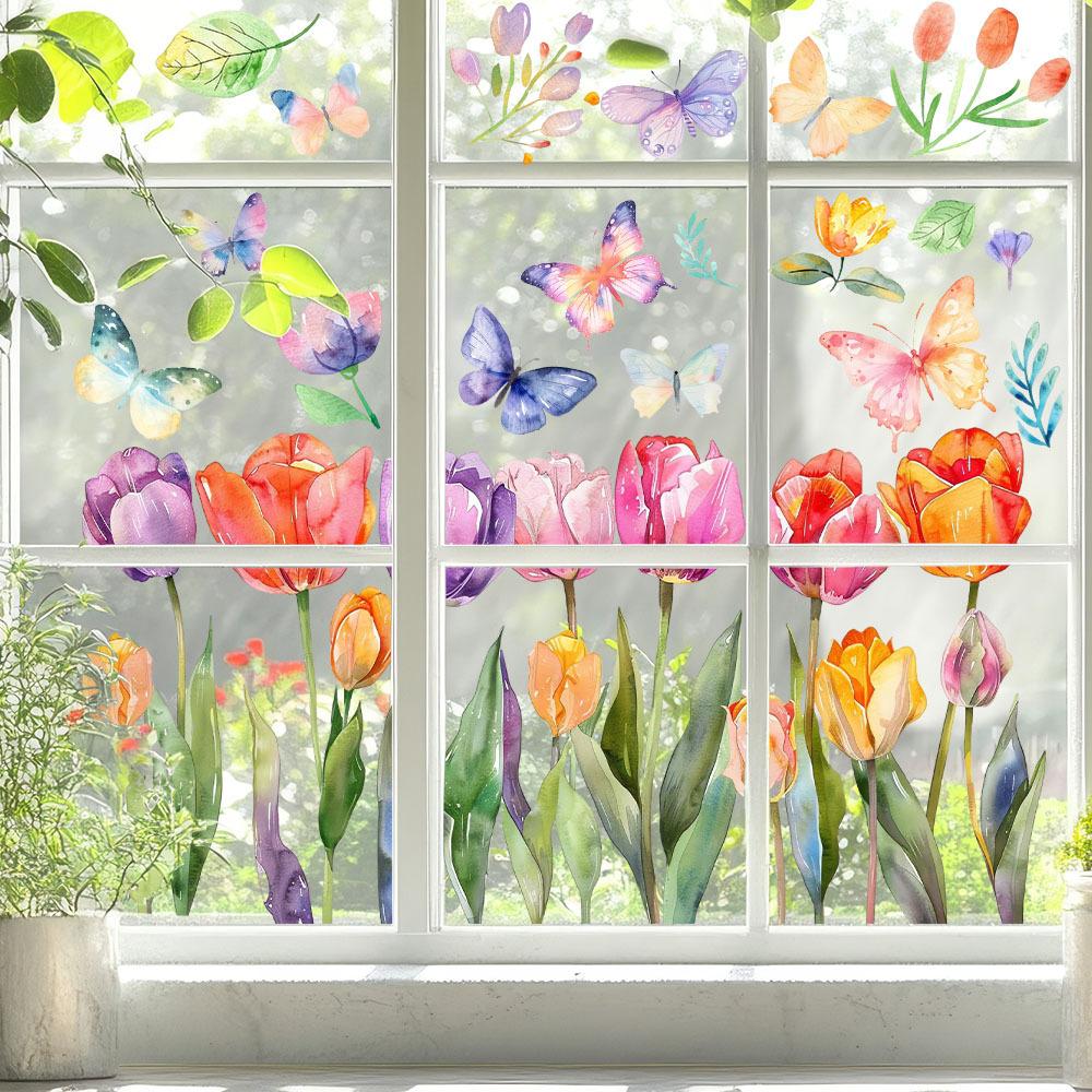 Spring Tulip and Butterfly Floral Pattern Window Stickers Static Cling Decals for Living Room Glass Doors and Windows Decoration