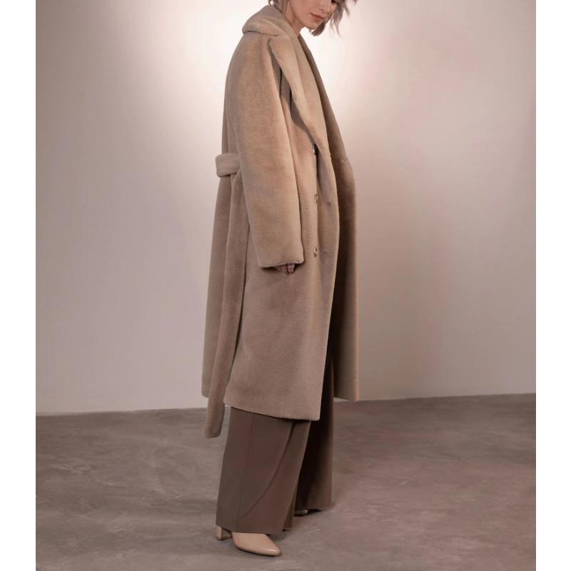 Dámský podzimní zimní zahuštěný dlouhý kabát z norkového sametu, luxusní bunda z imitace králičí kožešiny s páskem, klopami, trenčkot