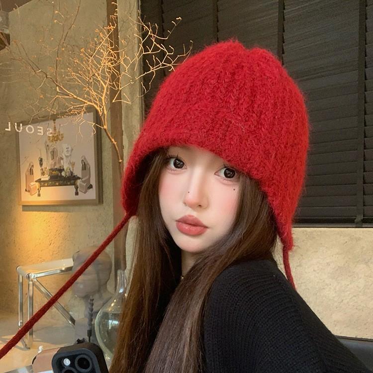 New Little Red Riding Hood Fashionable Solid Color Foreign Style Knitted Hat Versatile Warm Ear Protection Cold Resistant Woolen Hat for Women