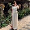 French white off-shoulder top for women, summer design with a gentle and elegant knit midi skirt, two-piece set dress