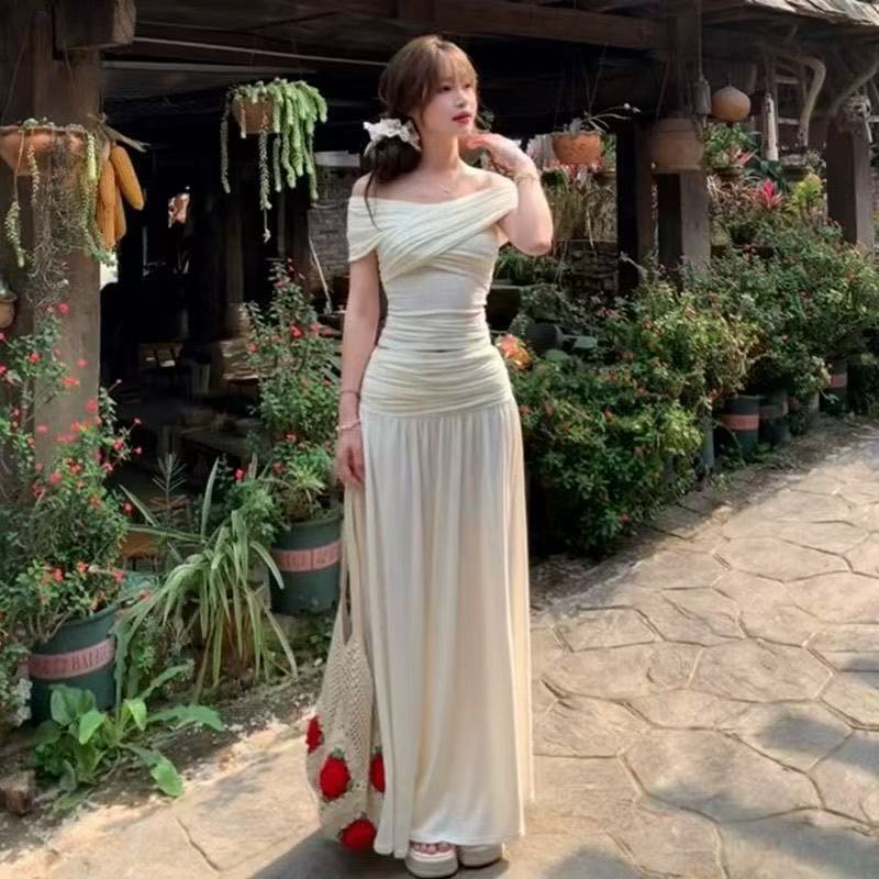 French white off-shoulder top for women, summer design with a gentle and elegant knit midi skirt, two-piece set dress