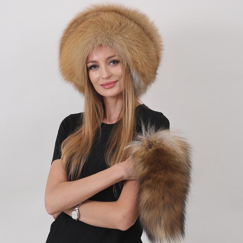 

Новые модные шапки из натурального лисьего меха для женщин, теплая зимняя шапка с хвостом Adjustable (55-60cm)