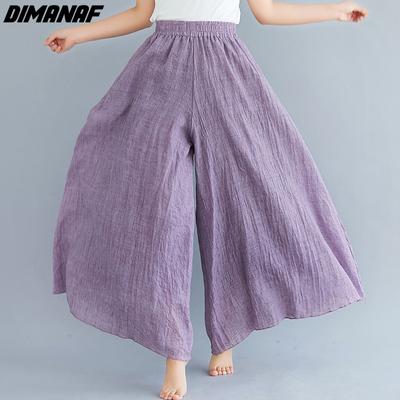 DIMANAF Plus Size 2021 Women Linen Pants Elastic Vintage Korea Basic Female Large Size Fashion Slacks Wide Leg Oversize Loose Pants