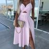 Women Vacation Dress Low-cut V Neck Spaghetti Strap Hollow Out Backless Sleeveless Side Split Pleated Solid Color Beach Party Midi Dress Summer Long