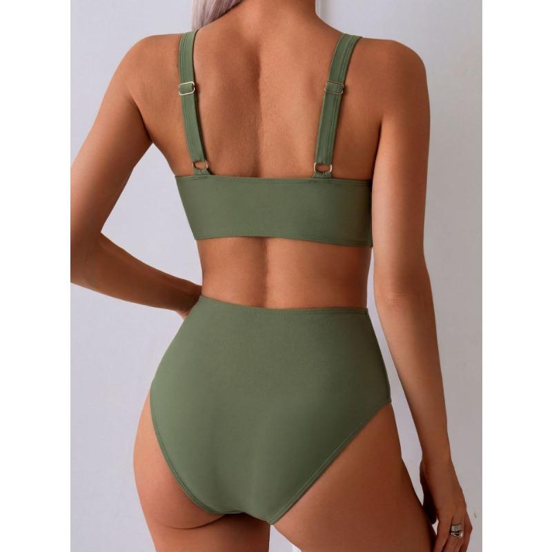 Zestaw bikini w kolorze oliwkowozielonym z wiązaniem z przodu, z wysokim stanem, z dekoltem w serek, dwuczęściowy strój kąpielowy