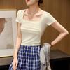 T-Shirt mit eckigem Ausschnitt für Damen Sommer Kurzarm Schulter vorne Slim Body Style