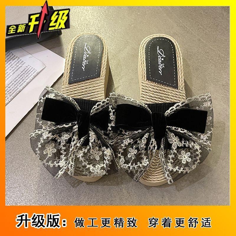 Slippers women's fashion versatile bow thick bottom slope heel slippers women wear cool slippers 2025 summer