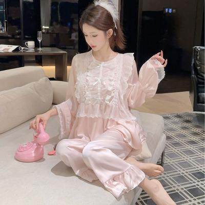 Pajamas Women's Summer Ice Silk French Court Style Long-sleeved Pure Lace Princess Suit Loungewear Suit