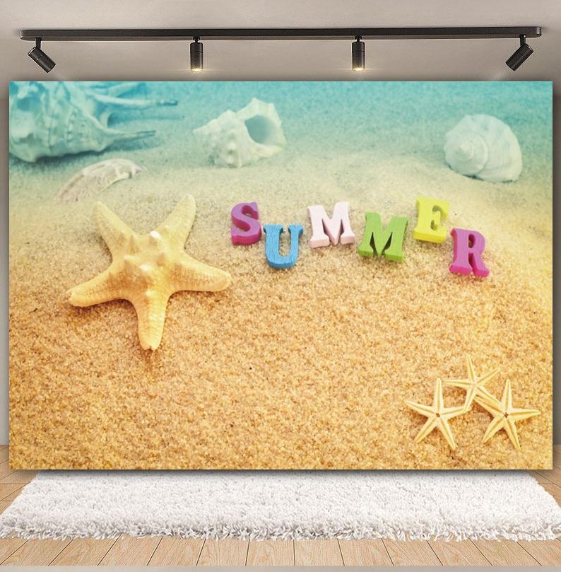 Sommer Strand Sand Hintergrund Fotografie Tropisch Hawaii Meeresufer Seestern Muschel Baby Geburtstag Feiertagsparty Hintergrund Foto Requisiten