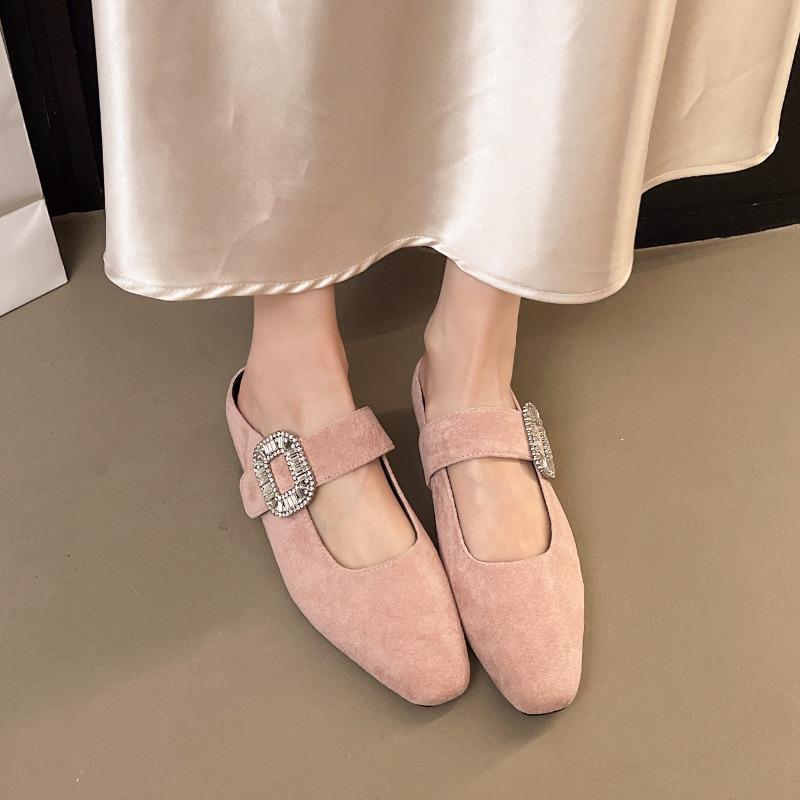 New Fashion Buckle Strap Pointed Toe Women Slippers Summer Shallow Square Low Heels Shoes Slide Mule Ladies Pumps