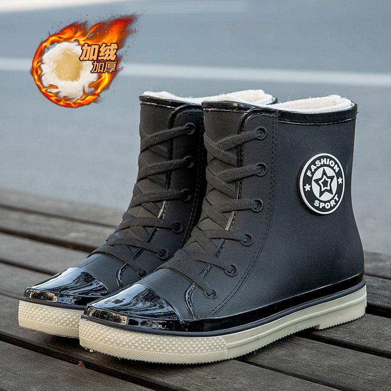 Fashion short tube women's waterproof shoes rain shoes student trend rubber shoes velvet warm non-slip rain boots women