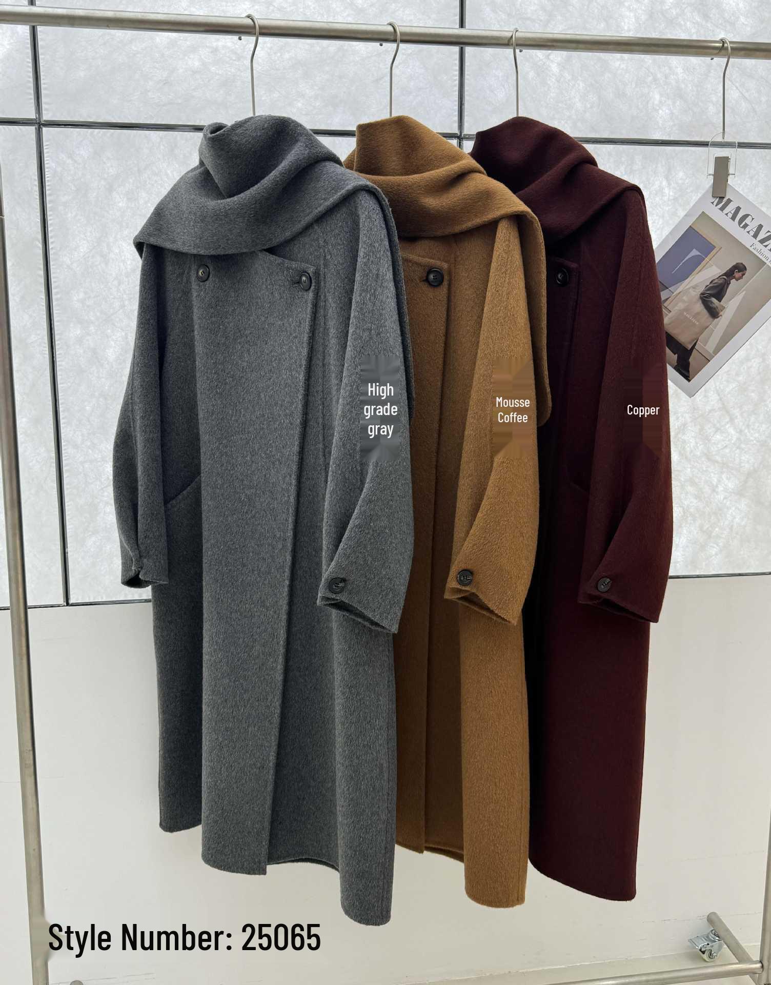 

2025 Autumn/Winter French High-End Cashmere Coat with Scarf – Versatile Loose Outerwear Large темно-серого