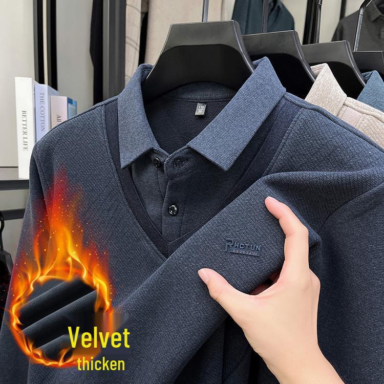 2025 Winter Men's Faux Two-Piece Sweater: New Thick Knit with Shirt Collar and Warm Velvet Layer