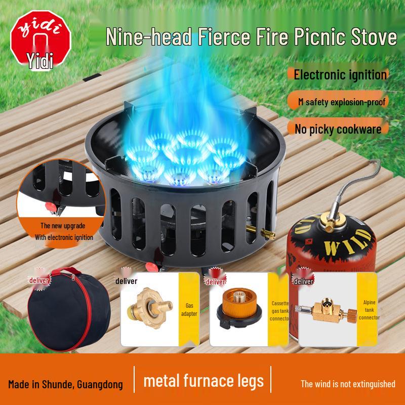 Nine-Head Portable Outdoor Gas Stove for Camping and Picnics